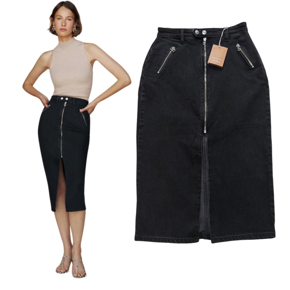 NWT REFORMATION Leilani Denim Midi Skirt Black Size 26